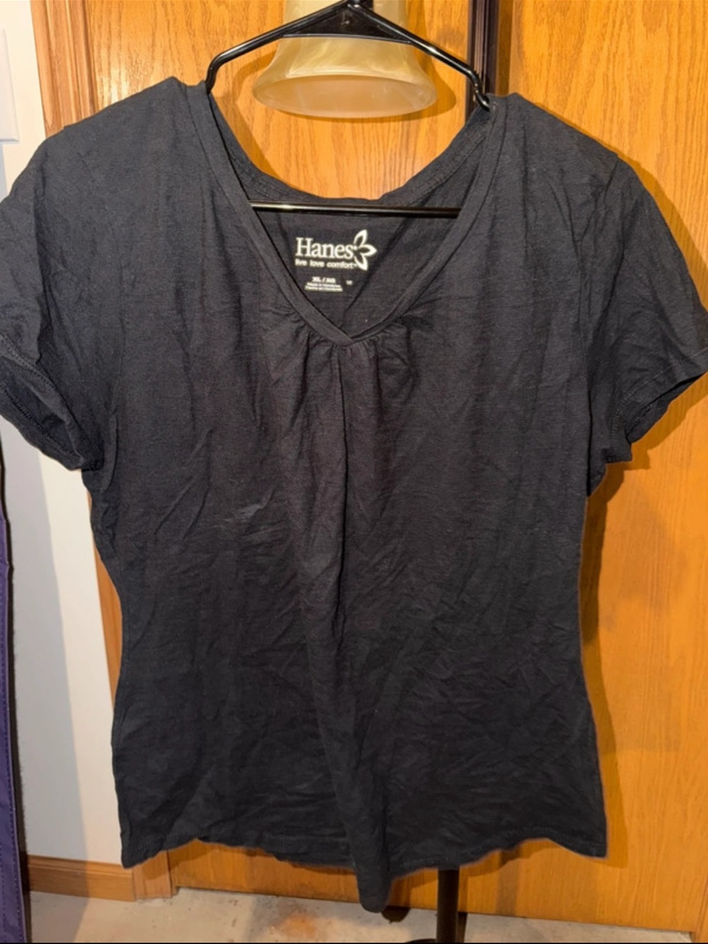 Hanes Women’s Black V-Neck Short Sleeve Tee with Gather Detail